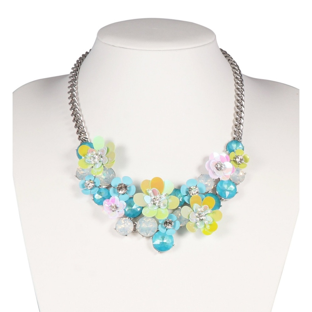 Silver-Tone Mixed Stone Flower Statement Necklace… - image 1
